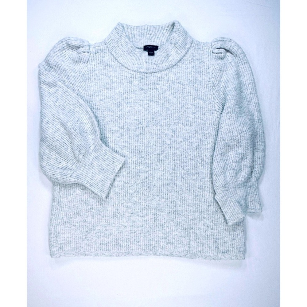 Ann Taylor Factory Light Gray Marled Cowl Neck Puff Sleeve Sweater
